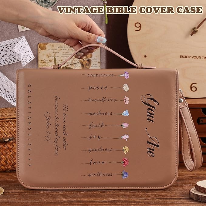Vintage Bible Cover Case, Genuine PU Leather Large Bag with Handle & Zippered Pocket, Elegant Floral Pattern, for Standard Size & Bible Accessories, Ideal Gift for Women Families Faith Lovers