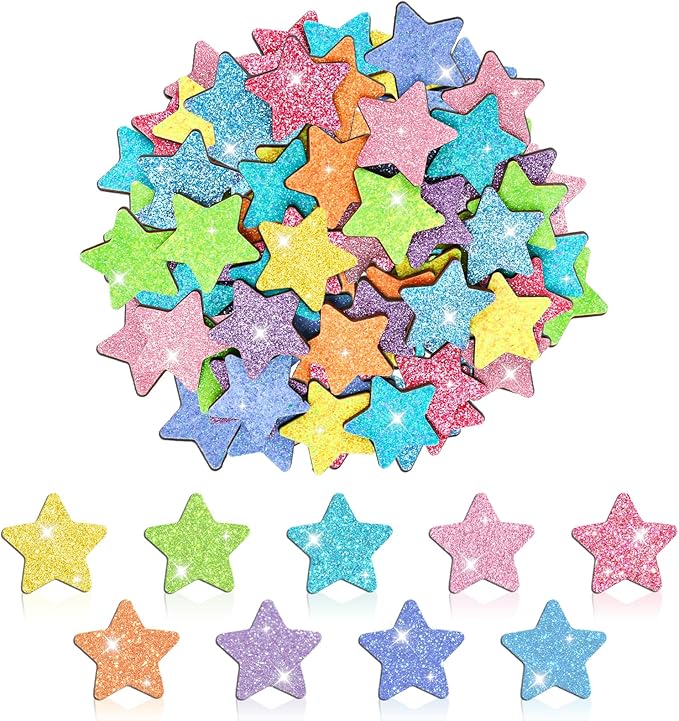 FYSUIMU 45 Pcs Glitter Star Extra Tokens for Reward Jar Macaron Colored Star Shape Wooden Cutouts Tokens with Linen Pocket for Back to School Classroom Student Teacher