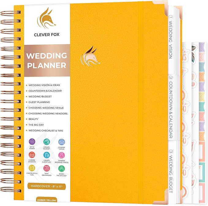 Clever Fox Wedding Planner – Notebook Organizer for Bride – Wedding Planning Binder Book with Pockets – Engagements Gift, 10x11″ (Amber Yellow)