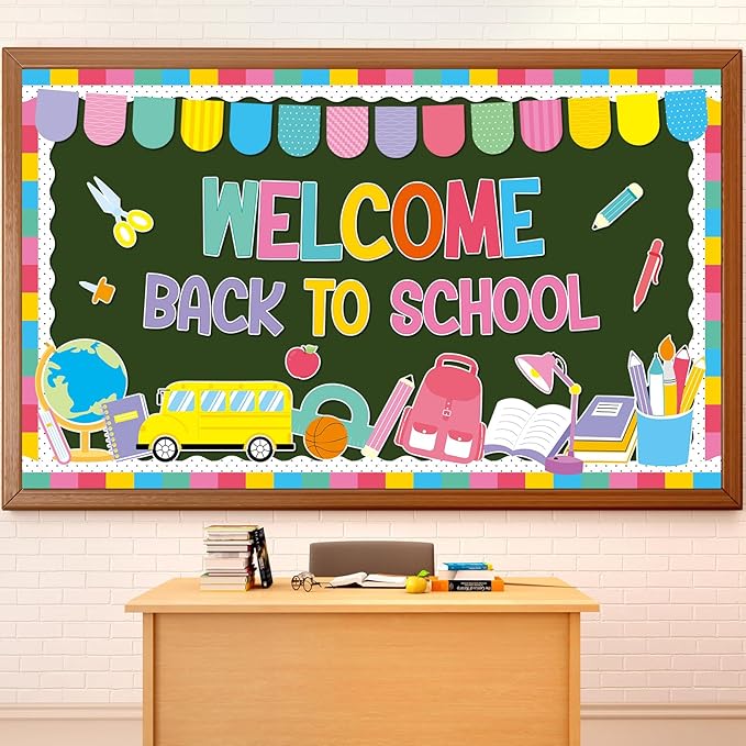 Justforjoyful Welcome Back to School Bulletin Board Classroom Decorations Colorful Welcome Banner Cutouts Wall Door Decor Chalkboard Sign for First Day of School Classroom Party