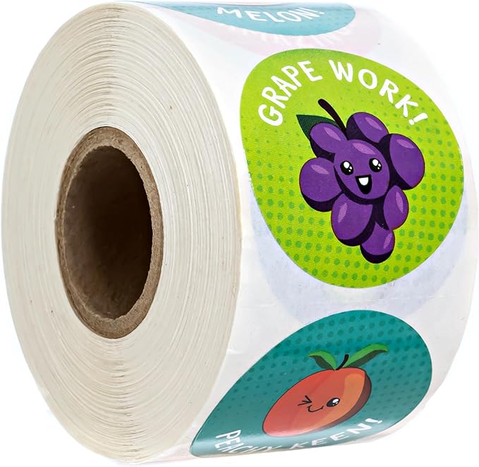 Cute Food Pun Teacher Stickers / 500 Motivational Labels / 10 Alternating Encouraging Phrase Classroom Student Reward Designs / 1.5" Circle Foodie School Sticker