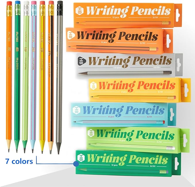 Classroom #2 HB Pencils, Yellow, Pre-sharpened Pencil with Top Eraser，Hexagonal Number 2 Pencil, 7 Pack Bulk 84 Count Writing Pencils, Ideal Back to School Supplies
