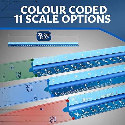 12" Aluminum Architect Scale Ruler Laser Etched Triangle Drafting Ruler, Color Coded Grooves for Blueprint, Drafting and Drawing, Architectural Scale Ruler for Blueprints (Light Blue, Imperial Units)