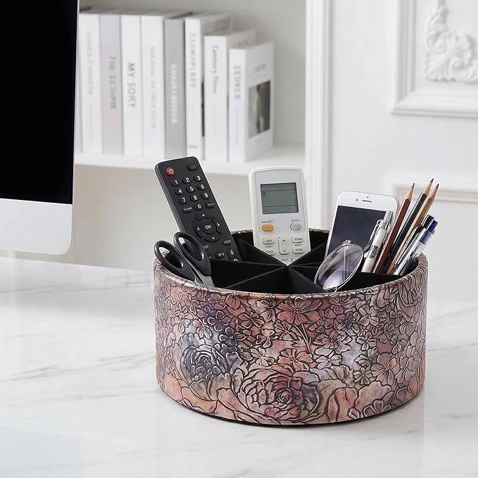 Remote Control Holder, 360°Spinning PU Leather Desk TV Remote Caddy,Desk Storage Box Room Accessories for Controller, Media,Mail,Calculator, Mobile Phone,Pencil(1B-Rich Flower Gold)