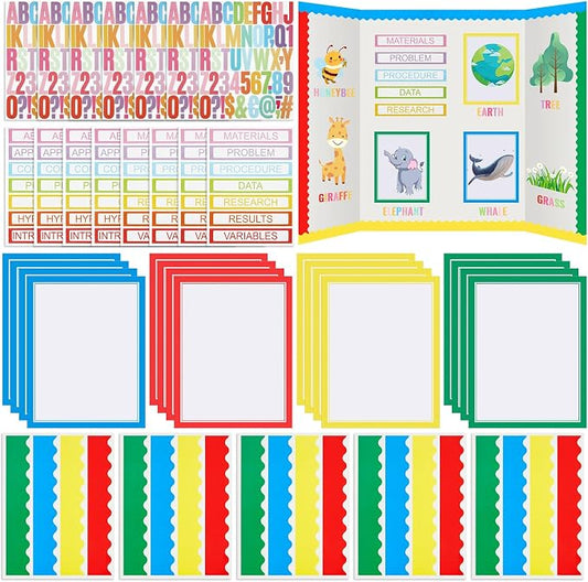 Henoyso 116 Sheets Science Fair Board Supplies 20 Printable Presentation Science Subtitles 80 Scalloped Bulletin Borders 8 Letter Sticker 8 Project Title for School Office (Board No Included)