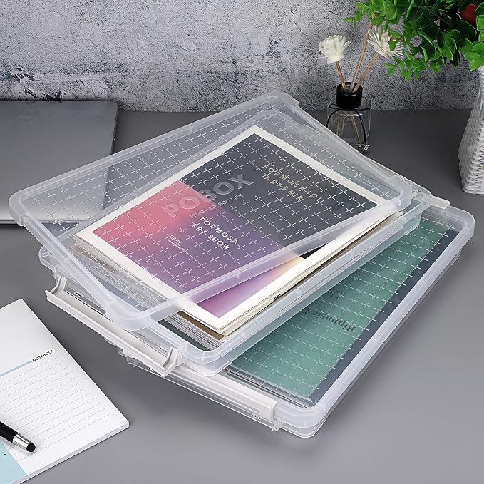 BTSKY 2 Pack A4 Plus Clear Plastic Stackable Storage Box Desk Paper Magazine Container with Buckle, Office Supplies Accessories File Protector Case Organizer, Portable Project Case Document Holders