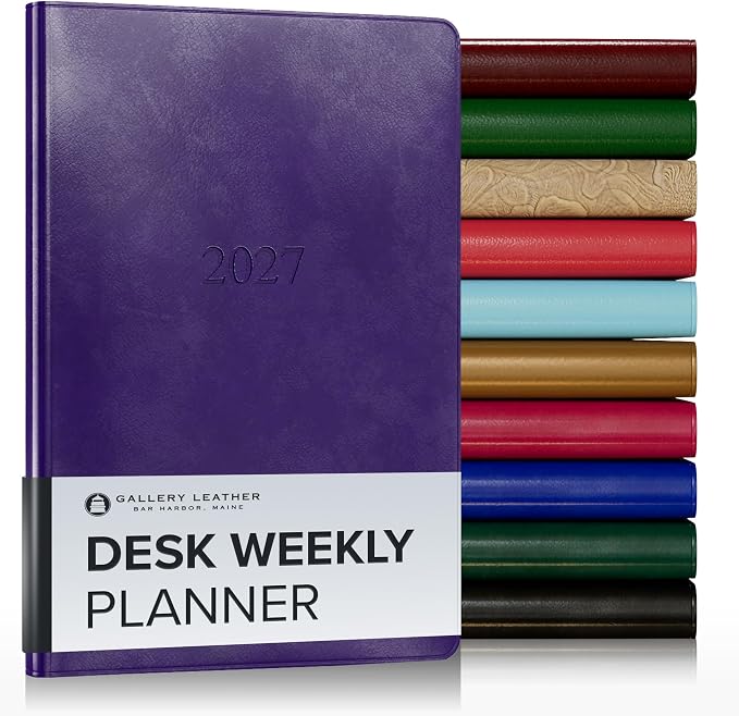Gallery Leather Desk Weekly Monthly Planner 2027, Elegantly Bound Calendar Planner and Notebook with Stylish Gold-Gilded Page Edges, 12 Months - Acadia Plum - 8x5.5"