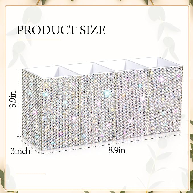 Bling Desk Organizer for Women, Rhinestone Pen Makeup Brush Holder, Girly Desk Accessories Organizer for Office Classroom Elevate Your Workspace with Serenity(Rhinestone,White)