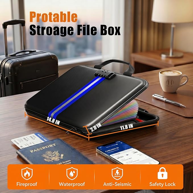 Fireproof Document Organizer with Lock, Rigid EVA File Box with 13-Pocket Accordion Folder for Important Documents & Tablets under 11", Lightweight Safe Storage for Home, Office & Travel (Small Size)