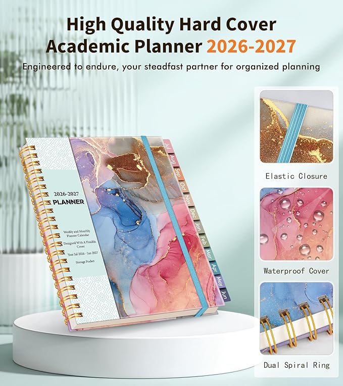 Academic Planner 2026-2027, Weekly and Monthly Calendar Planner from July 2026 - June 2027, 6.1" x 8.2" A5 Large Daily Agenda Book with Tabs, Flexible Cover, College School Organizer for Student Teacher, Watercolor