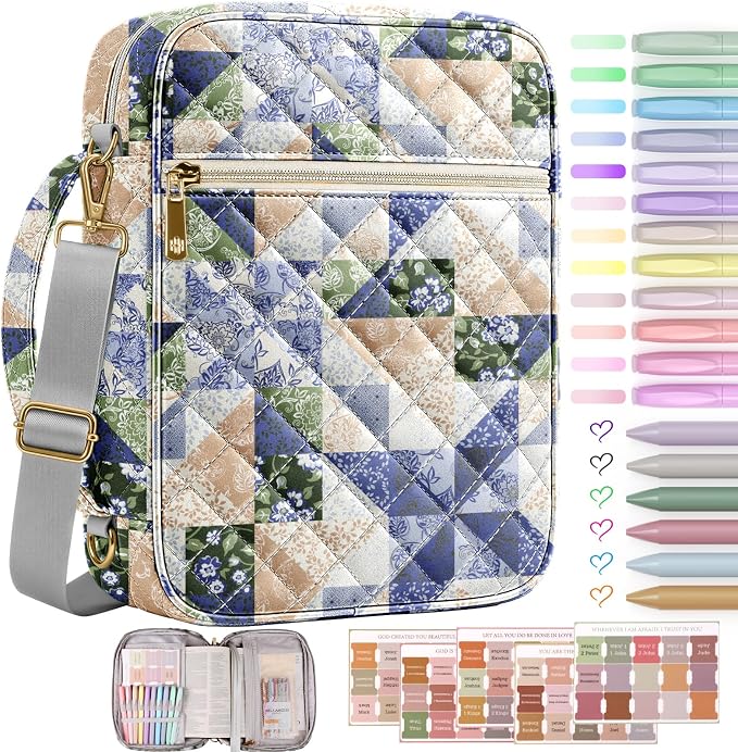 BellaHold Bible Cover Case for Women, Large Bible Bag with Detachable Strap & Bible Study Supplies, 12 Highlighters, 6 Gel Pens & 75 Bible Tabs, Christian Gifts for Women (Light Blue Patchwork)
