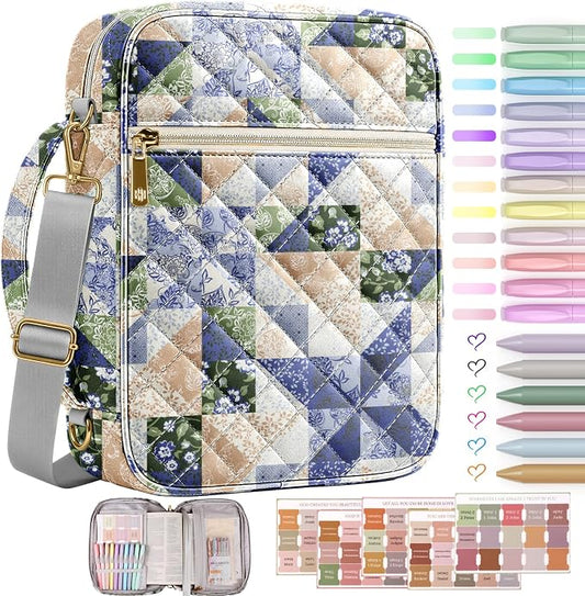 BellaHold Bible Cover Case for Women, Large Bible Bag with Detachable Strap & Bible Study Supplies, 12 Highlighters, 6 Gel Pens & 75 Bible Tabs, Christian Gifts for Women (Light Blue Patchwork)