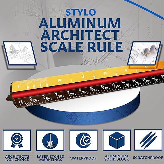 12" Aluminum Architect Scale Ruler Laser Etched Triangle Drafting Ruler, Color Coded Grooves for Blueprint, Drafting and Drawing, Architectural Scale Ruler for Blueprints (Yellow, Imperial Units)