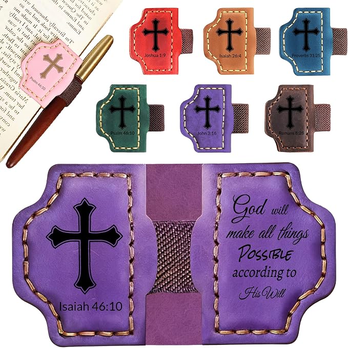Personalized Leather Bookmark with Pen Holder - Magnetic Bible Verse Design, Christian Book Lovers Reading Accessory, for Book Lovers Men Women (Purple, Isaiah 46:10)