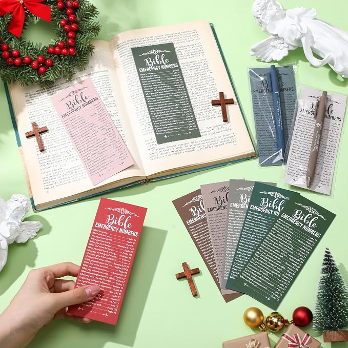 Feifeiya 50 Sets Christian Fathers Day Gifts Bulk Religious Pens Bible Verse Emergency Numbers Bookmark Scripture Catholic Gift for Women Men Church Welcome Sunday School(Christmas Color,English)