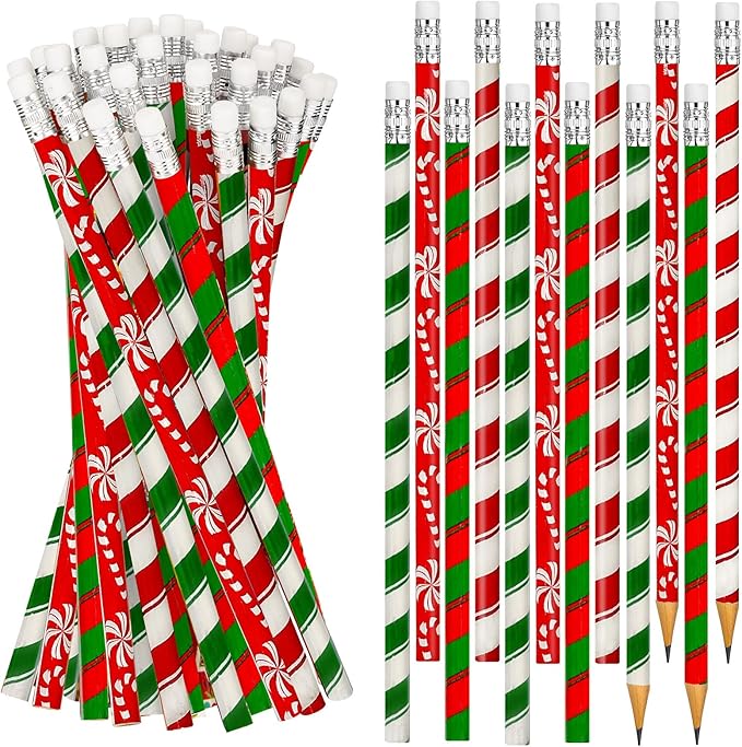 Cinrobiye 100 PCS Christmas Pencils Bulk,Christmas Candy Cane Writing Pencils with Eraser Xmas Stationery Pencil for Holiday School Party Favors Stocking Stuffers Classrooms Student Rewards