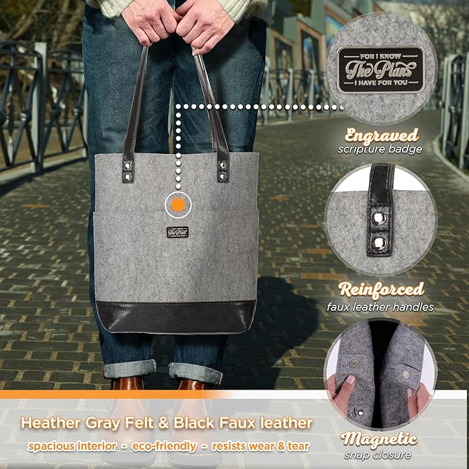 Christian Art Gifts Felt and Faux Leather Bible Tote for Women: Metal Jeremiah 29:11 Badge, Pockets and Magnetic Button Closure, Black and Gray, One Size Carry Bag for Books, Supplies and Shopping