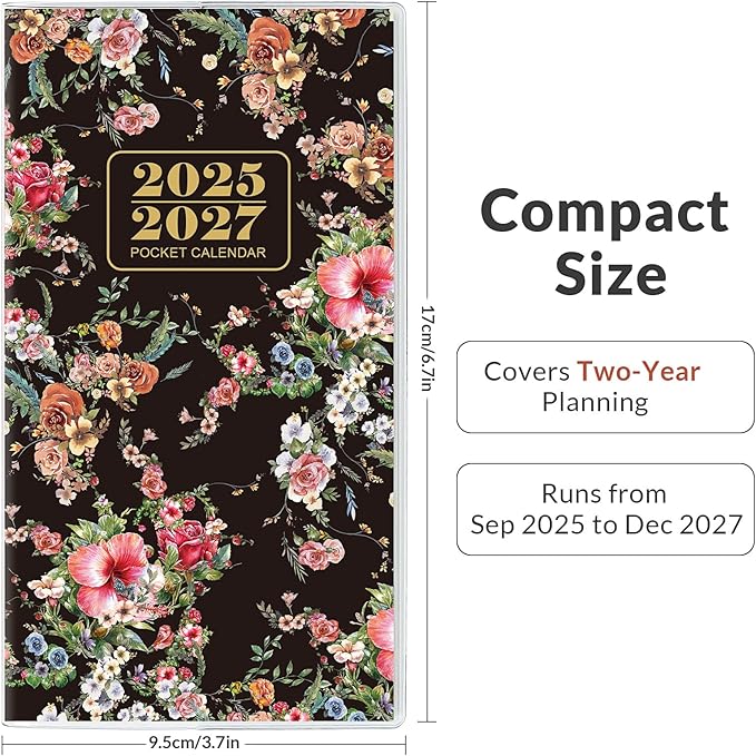 Phyxin 2026 Pocket Calendar, Two Year Pocket Planner - Runs From Sep 2025 Until Dec 2027, Small Planner - 6.7" x 3.7", Small Calendar for Women, Students, Black Flowers