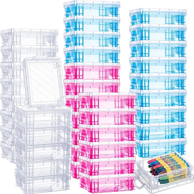 Suzile 40 Pcs Plastic Crayon Boxes Holds 24 Crayon with Snap Lid Storage Container Clear Stackable Case for School Office Classroom Supplies Pen Pencil Craft(Clear, Red, Blue)
