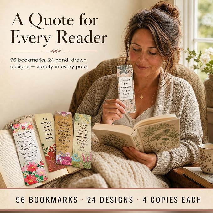 Bulk Bookmarks for Women - 96 Vintage Floral, 24 Unique Designs, 4 Copies Each - Inspirational Quotes by Famous Thinkers - 350 GSM Premium Cardstock for Book Clubs, Classrooms, Gift Inserts
