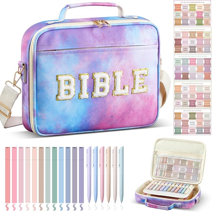 Large Bible Cover Case for Women, Bible Study Supplies Journaling Kit Chenille Letter PU Leather with Tabs Gel Pen Highlighters with Strap Easter Mothers Day Christian Gifts for Women Mom(Starry)