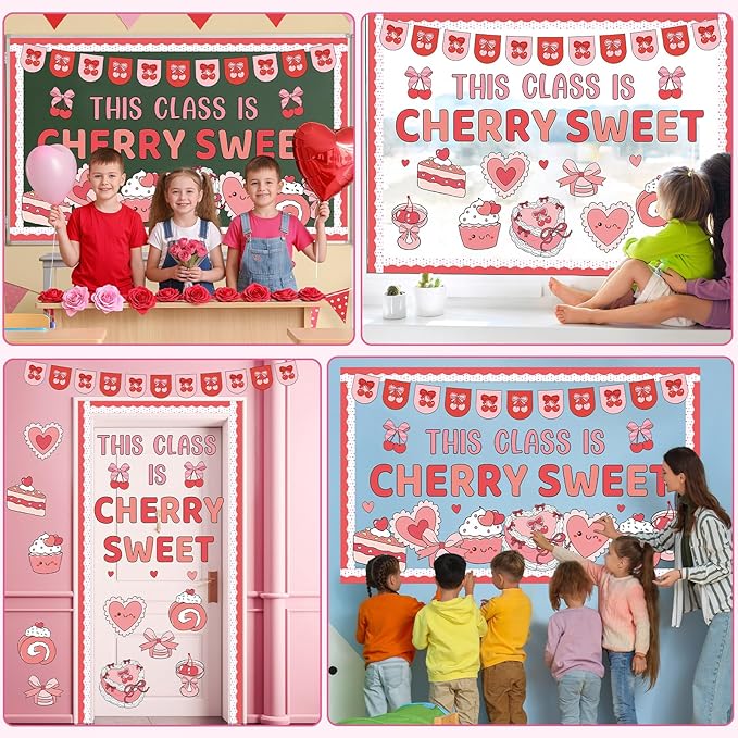 Valentine's Day Bulletin Board Decorations Set This Class is Cherry Sweet Classroom Decoration Valentines Cute Cherry Bow Cake Heart Cutouts for School Classroom Chalkboard Wall Decor Party Supplies