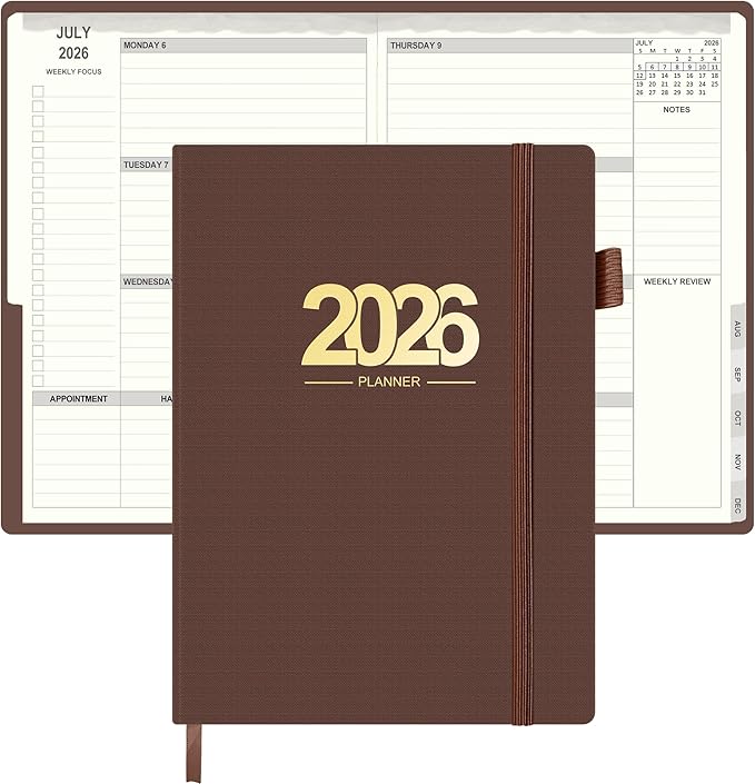 TIIKKASI 2026 Calendar Year Planner Weekly Monthly (Jan - Dec) 6'' x 8.5'' - Lined Journal Notebook Minimalist Agenda Notes, Linen Cloth Book Bound Hard Cover, For School Business Office, Rustic Brown