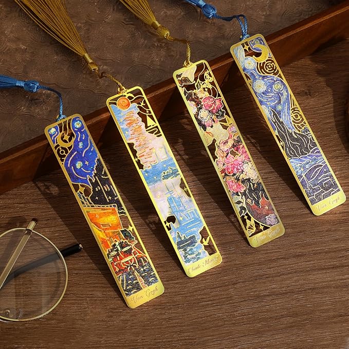 4 Pieces Bookmarks with Tassel, Golden Hollow Metal Bookmark Monet Oil Painting Theme Book Mark for Women Book Lovers Writers Readers Children Teenage Girls, (Starry Sky Style)