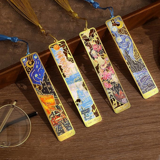 4 Pieces Bookmarks with Tassel, Golden Hollow Metal Bookmark Monet Oil Painting Theme Book Mark for Women Book Lovers Writers Readers Children Teenage Girls, (Starry Sky Style)