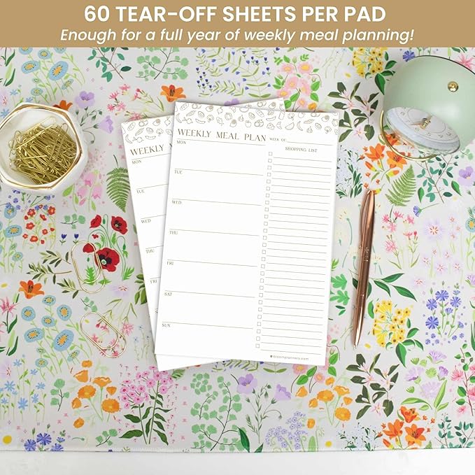 bloom daily planners Weekly Meal Planning Pad - Magnetic Hanging Refrigerator Menu Planner with Tear-Off Sheets & Perforated Grocery Shopping Lists - 6” x 9” - Modern Gold