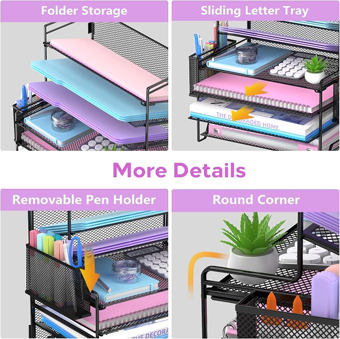 SUPEASY 7 Tier Desk Organizer with 3 Pen Holders, Heavy Duty Metal Letter Tray Paper File Organizer for Home Office School Classroom, Black