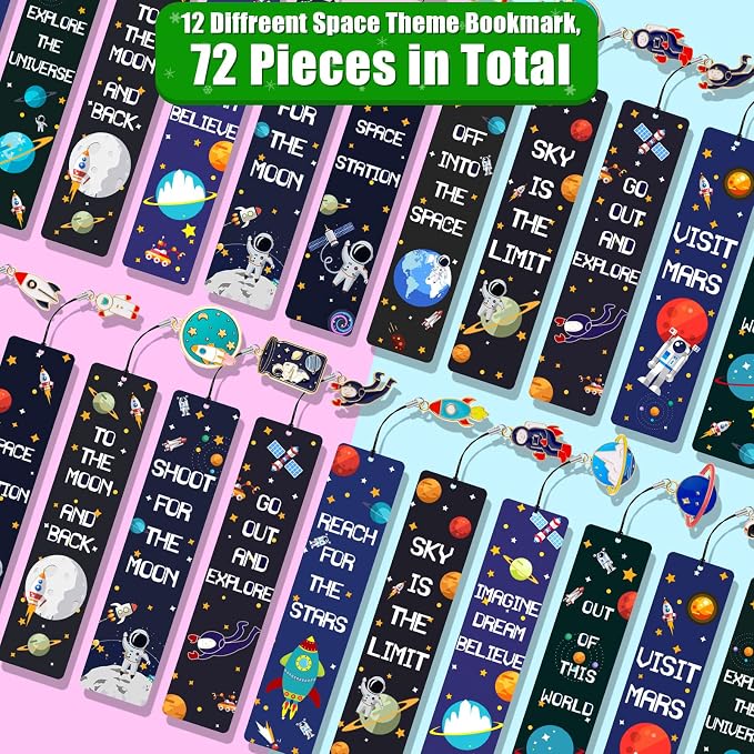 72 Pack Space Bookmarks Bulk for Kids, Outer Space Themed Party Favors, Astronaut Rocket Planet Galaxy Theme Birthday Party Favors, Bookmarks with Metal Charms for Boys Girls, Classroom Rewards Gifts