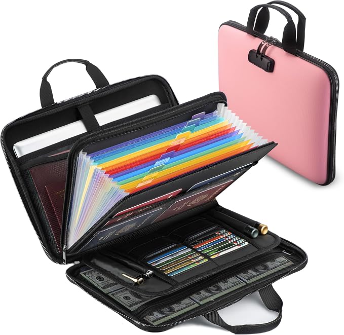 Fireproof Document Box with Combination Lock, Hard-Shell Fireproof File Organizer for Legal Documents, Laptop, Valuables & Important Papers, 13-Pocket Accordion File Folder