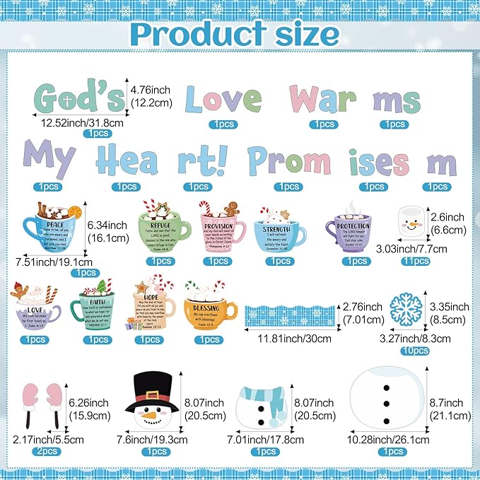 60 Pcs Winter Christian Bulletin Board Hot Cocoa Marshmallow Classroom Decoration God's Promises Warm My Heart Bulletin Board Snowflake Winter Christmas for Holiday School Office Wall Door