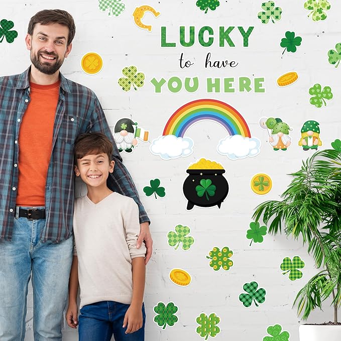 145Pcs St. Patrick's Day Bulletin Board Classroom Decoration Lucky to Have You Here Cutouts Irish Shamrock Gnome Name Tags Green Plaids Border Trim School Chalkboard Home Wall Door Party Decor