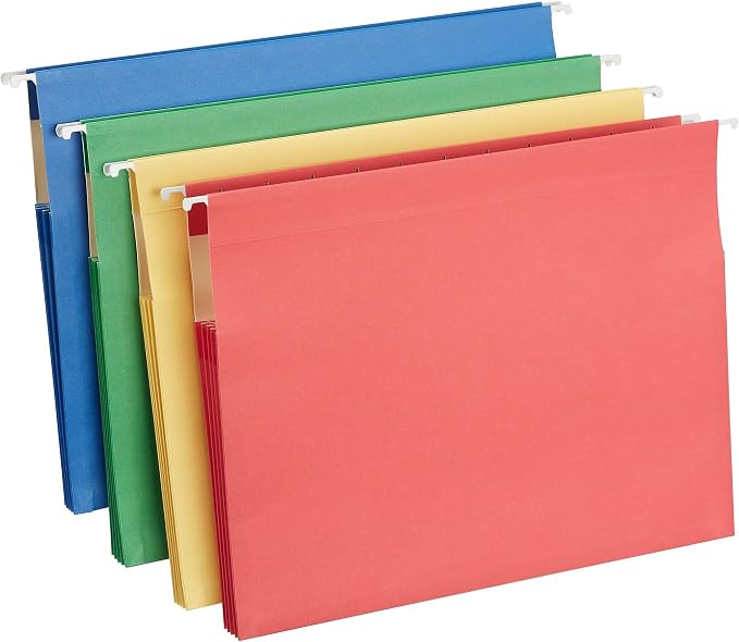 Staples Hanging File Folders, Letter Size, 3.5‑Inch Expansion, 5‑Tab Assorted Colors, Heavy‑Duty Design – 12/Carton