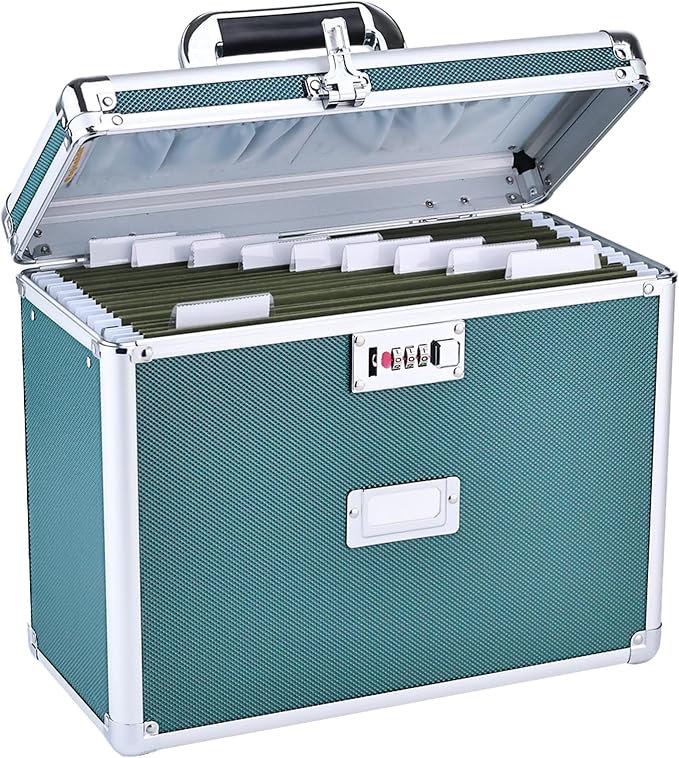 File Storage Cabinet for Letter Size Hanging File Folders, Suspension File Holder, Document Organizer Filing Lockbox in Office and Home with Combination Lock and 10-pack Hanging Files (Green, Letter)