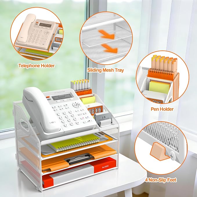 DocNest 4 Tier Metal Mesh Letter Tray - Space Saving Desk File Organizer with Handle, Pen Holder & Folder Holder - Desktop Document Sorter for Office, Home, School, Classroom - White