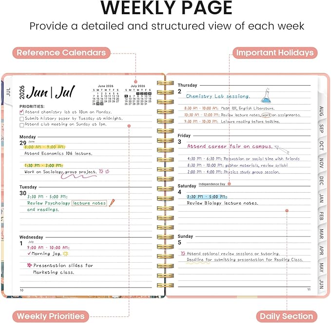 Planner 2026-2027, Academic Monthly and Weekly Calendar Planner for Women, July 2026 - June 2027, Hardcover Pretty Agenda Planner Book with Tabs, Spiral Daily Organizer for School Office Home Supplies, 6.3" x 8.5" - Bookish Kitty