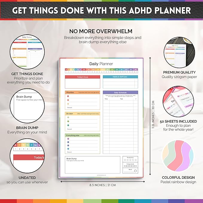 ADHD Daily Planner Notepad for Neurodivergent Adults - Productivity Daily Planner Desk Pad & Task Management to Stay Organized and Focused Note Pad | A4 (Colorful, A4 Portrait)