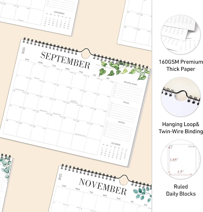Aesthetic Wall Calendar 2026, 16 Monthly Horizontal Calendar September 2025 to December 2026, 14.5" x 11.5" Modern Wall Hanging Calendar for School, Home, Office for Monthly Organizing & Planning