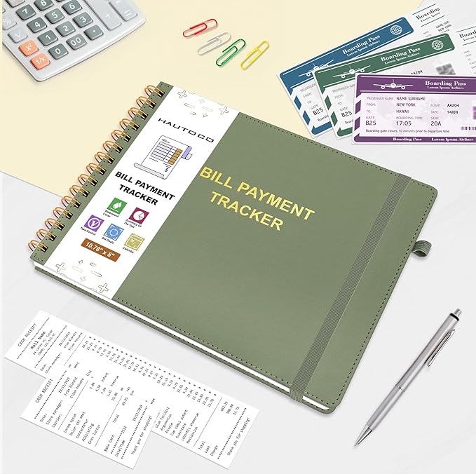HAUTOCO Hardcover Bill Tracker Notebook Horizontal Monthly Bill Payment Organizer for Personal Budgeting Home Finance with 2 Storage Pocket Expense Checklist Tracking Planner 10.78 x 8'', Olive Green