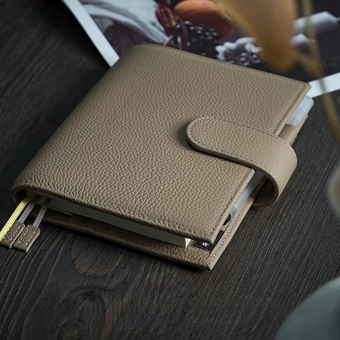 A6 Genuine Leather Techo Notebook Cover Compatible with Hobonichi Original Stalogy Midori MD with 5 Card Slots Pen Loop Bookmarks Back Pocket (Grey)