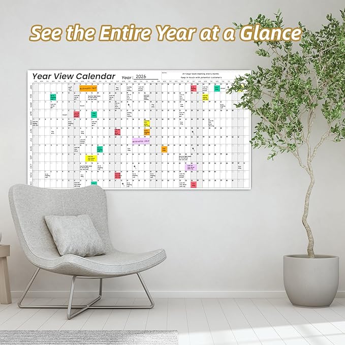 Large Dry Erase Wall Calendar - 24"x 45" Undated 12-Month Yearly Wall Calendar for Home, Office, Classroom - 50 Reusable Dry Erase Color Tabs Included