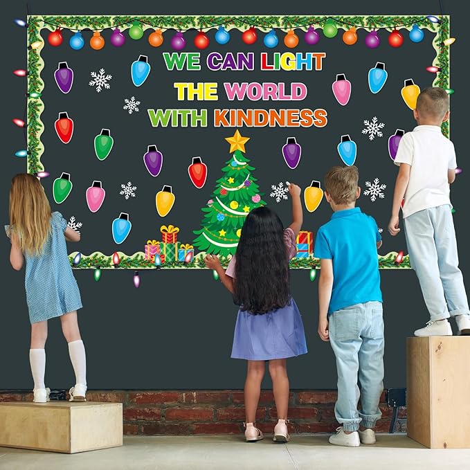 Christmas Tree Snowflake Paper Cutouts with Light Bulb Cutouts Set for Holiday Winter Wall Chalkboard Decor