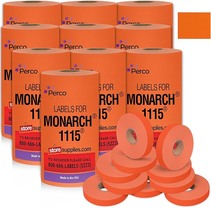 Perco Fluorescent Red Pricing Labels for Monarch 1115 Price Gun - 10 Sleeves, 150,000 Pricemarking Labels - with Bonus Ink Rolls