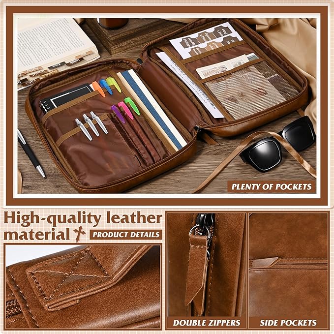 Leather Bible Cover for Men Large Bible Carrying Case with Handle Pockets Bible Book Cover with Highlighters Tabs For Church Prayer Meetings Study Supplies Accessories