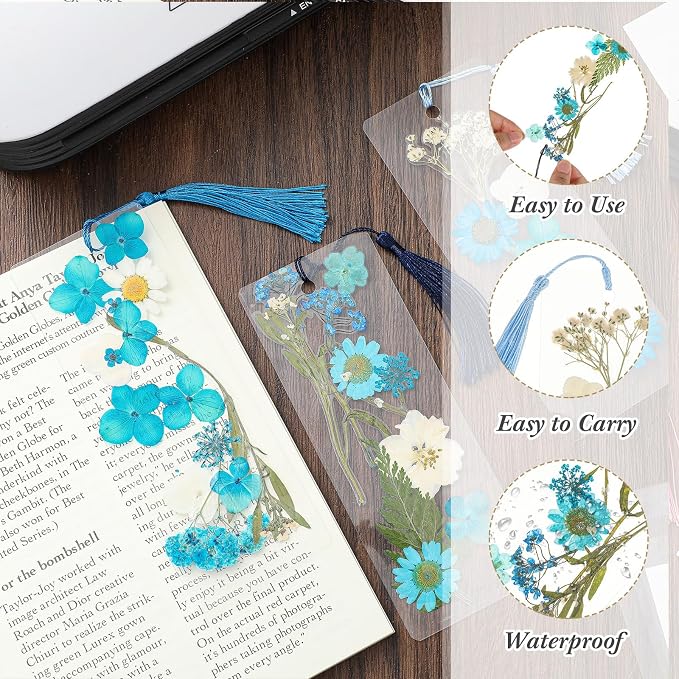 Fuyoooo 376 Pcs Dried Flower Bookmark Making Kit, DIY Bookmark Laminating Pouches with Tassels and Puncher, Handmade Craft Kit for Women, DIY Gifts for Book Lovers (Blue,2 x 6 Inch)