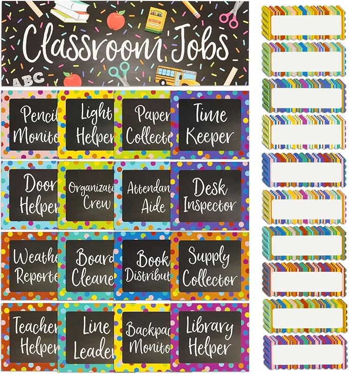 67-Piece Bright Classroom Job Chart Set with Name Tags for Bulletin Board, Chalkboard Decorations, Teacher Supplies, Classroom Teaching Tool, Kids Education (16 Assorted Signs)