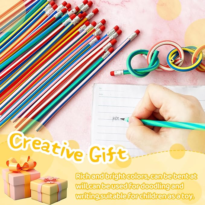 100 Pack Flexible Bendy Pencil,Stripe Rubber Pencil with Erasers,Colorful Bendable Soft Pencils for Classroom Gifts,Goodie Bag Fillers
